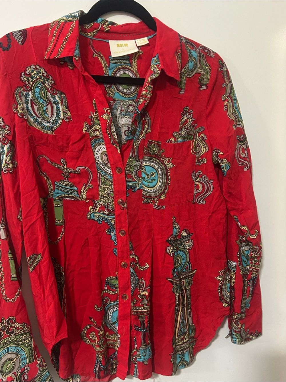 Maeve Red Button-Up Shirt with Turquoise & Gold Paisley Motif